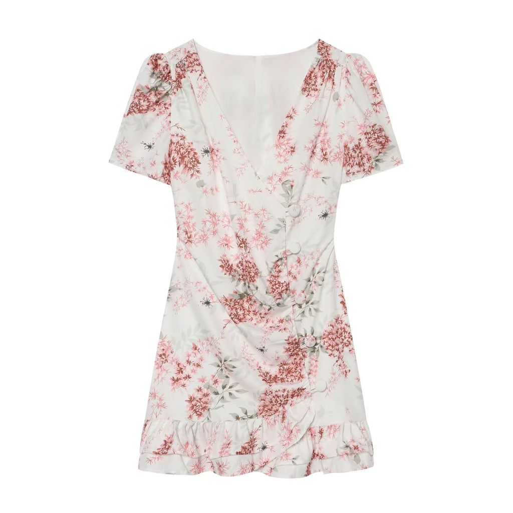 Women's ruffled V-neck printed dress