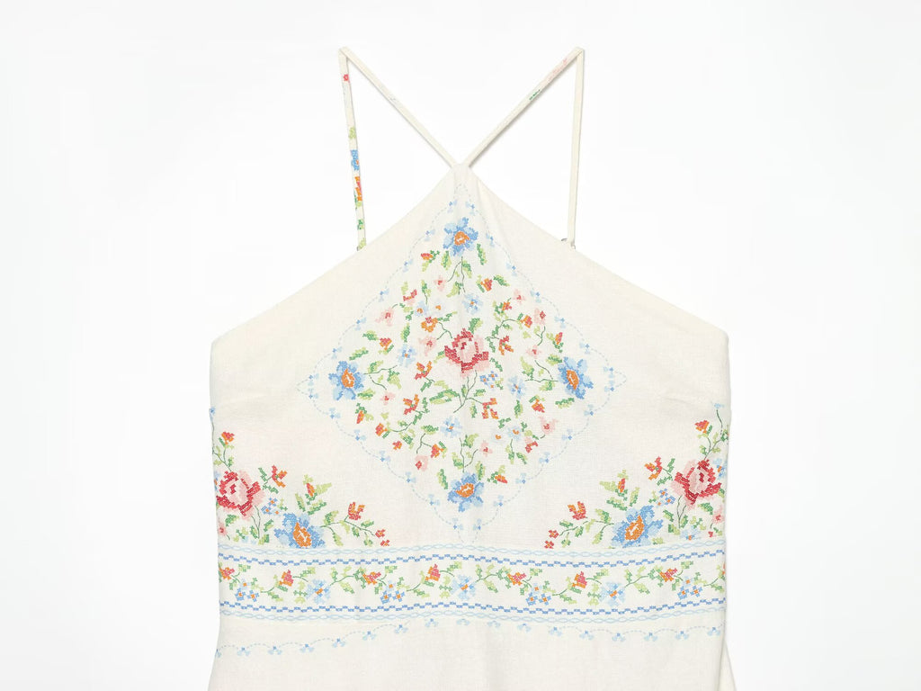 Women's linen blend printed MIDI dress