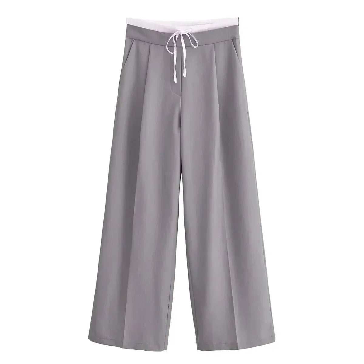 Women's 2024 New Fashion Double Layer Waist Lace up Design Casual Versatile Wide Leg Pants Retro Side Zipper Women's Pants