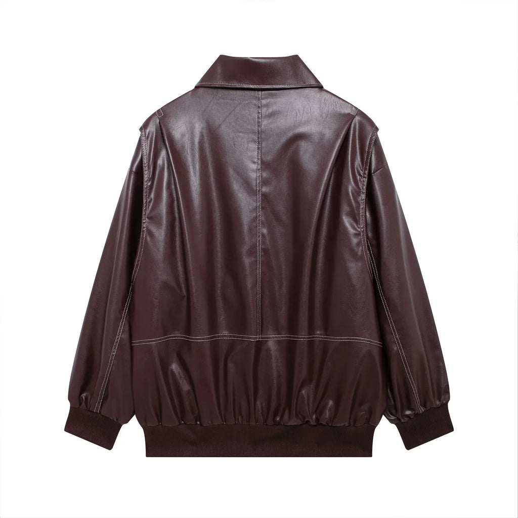 Women's new Fashion loose side pocket casual imitation leather jacket coat retro lapel long sleeved women's coat chic top