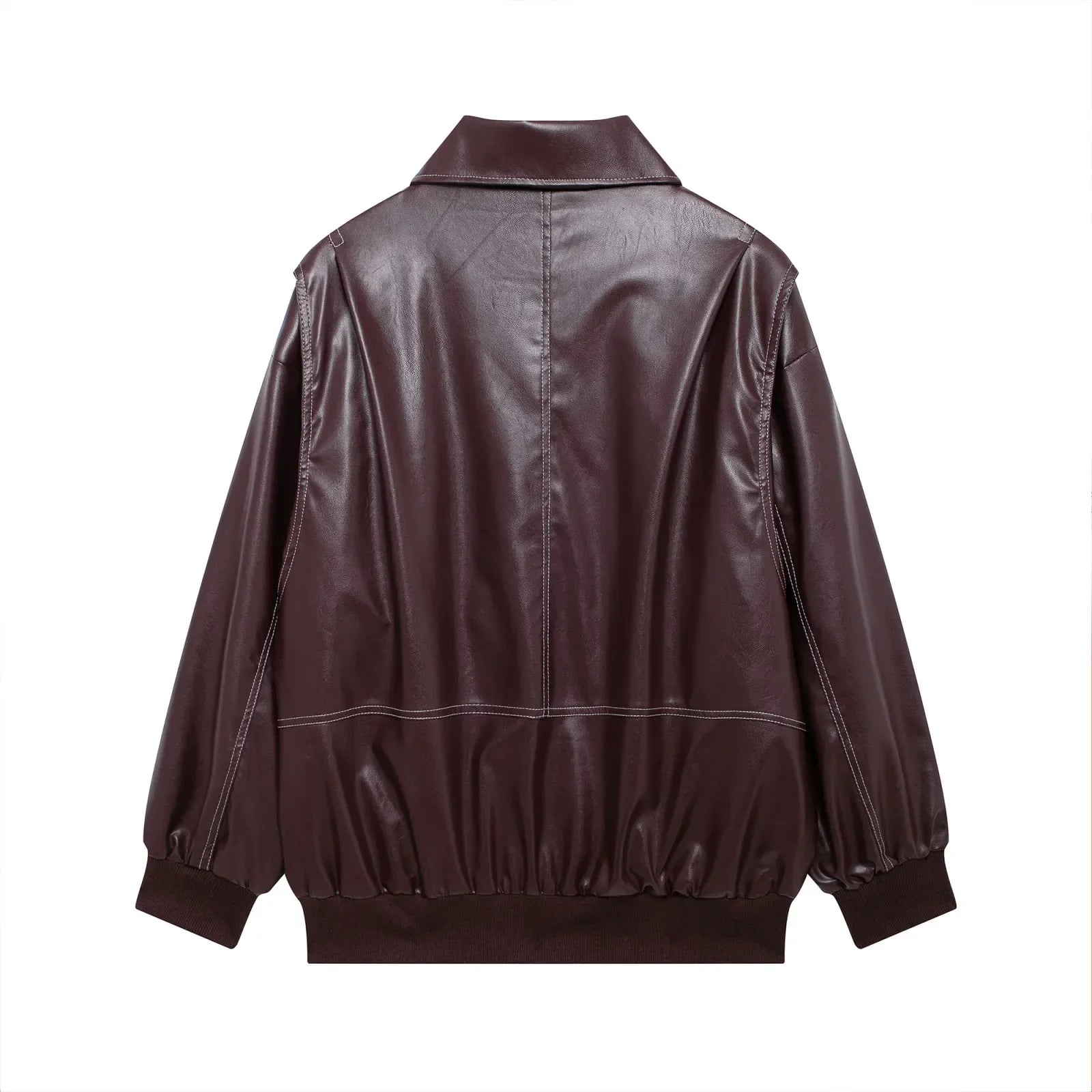 Women's new Fashion loose side pocket casual imitation leather jacket coat retro lapel long sleeved women's coat chic top