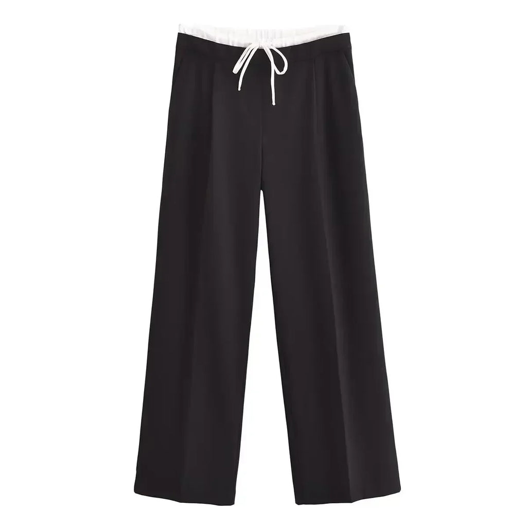 Women's 2024 New Fashion Double Layer Waist Lace up Design Casual Versatile Wide Leg Pants Retro Side Zipper Women's Pants