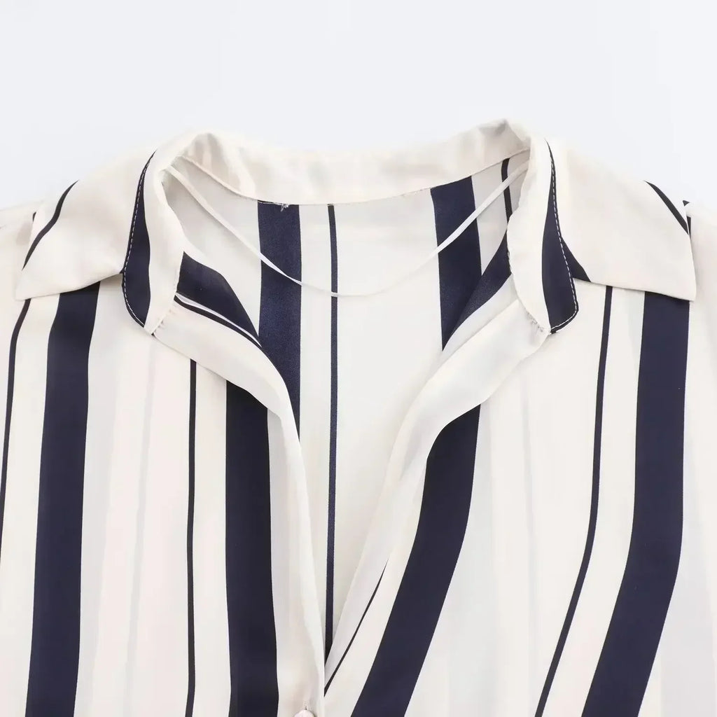 Women's new fashion loose printed striped shirt casual single breasted satin shirt retro long sleeved women's shirt chic top