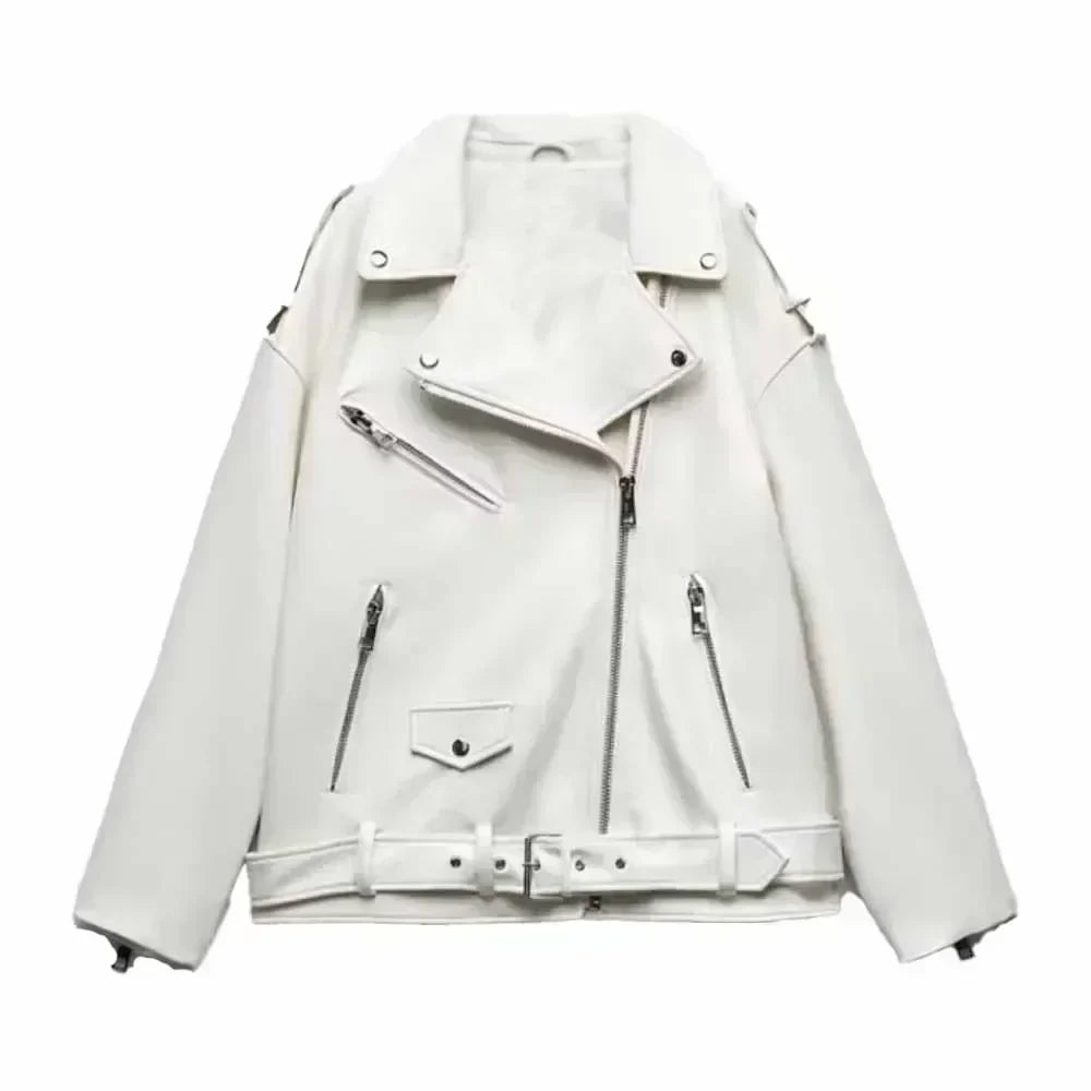 Women 2025 Autumn New Fashion Imitation Leather Loose Jacket Coat Vintage Long Sleeve Zipper Female Outerwear Chic Tops