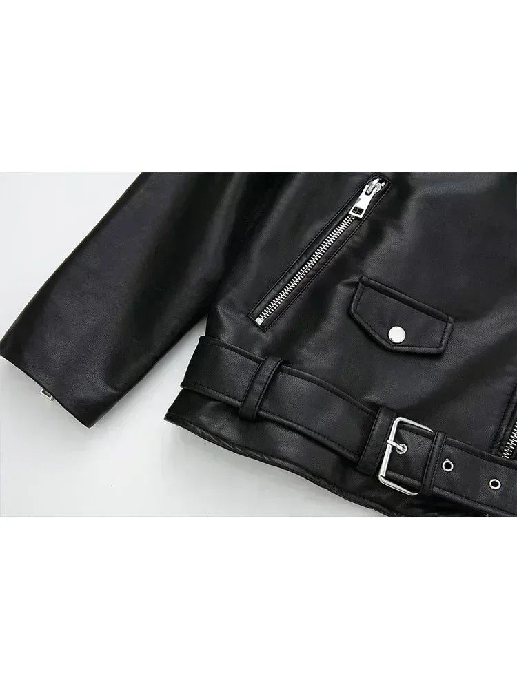 Women 2025 Autumn New Fashion Imitation Leather Loose Jacket Coat Vintage Long Sleeve Zipper Female Outerwear Chic Tops