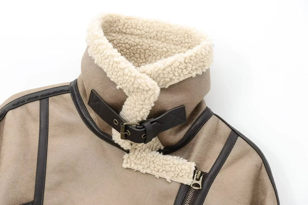 Women's 2024 new fashion casual double-sided Fur Faux Leather jacket coat retro long sleeved zipper pocket women's coat chic top