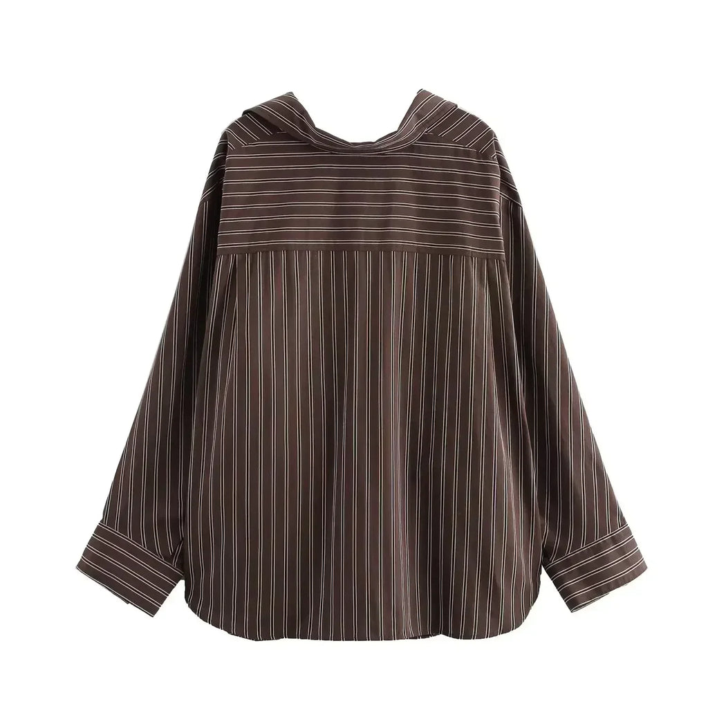 Women's new fashion pleated decoration loose single breasted casual striped shirt retro bat long sleeved women's shirt chic top
