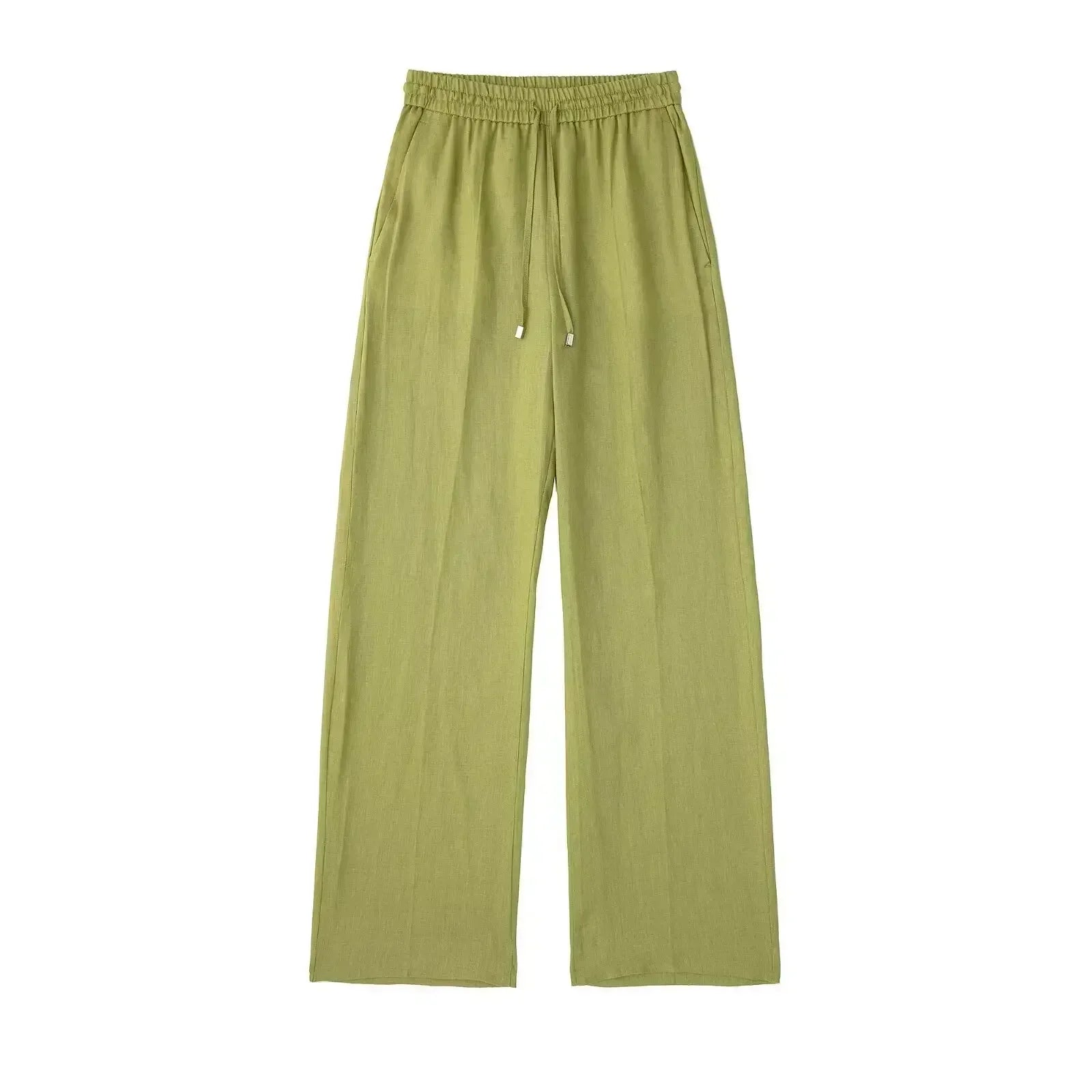 Women's New Chic Fashion Loose Side Pocket Linen Blended Wide Leg Pants Retro Elastic Waist Drawstring Women's Pants Mujer