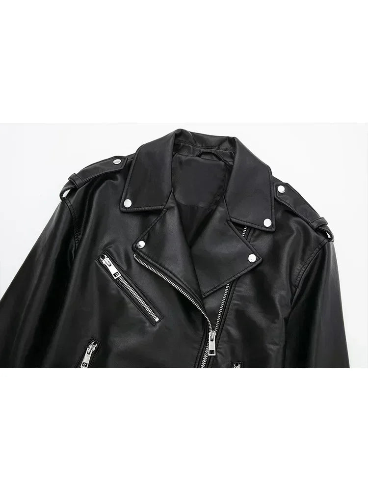 Women 2025 Autumn New Fashion Imitation Leather Loose Jacket Coat Vintage Long Sleeve Zipper Female Outerwear Chic Tops