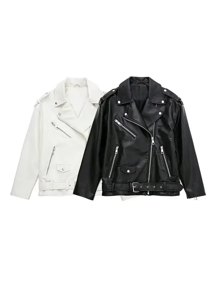 Women 2025 Autumn New Fashion Imitation Leather Loose Jacket Coat Vintage Long Sleeve Zipper Female Outerwear Chic Tops
