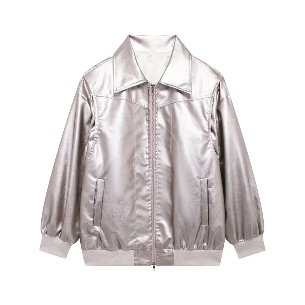 Women's new Fashion loose side pocket casual imitation leather jacket coat retro lapel long sleeved women's coat chic top