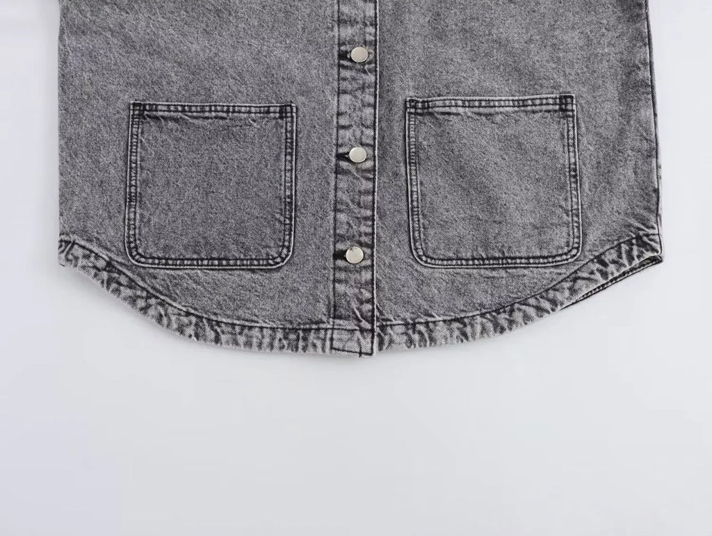 Women's new fashion large pocket decoration loose casual denim jacket coat retro long sleeved Button up women's coat chic