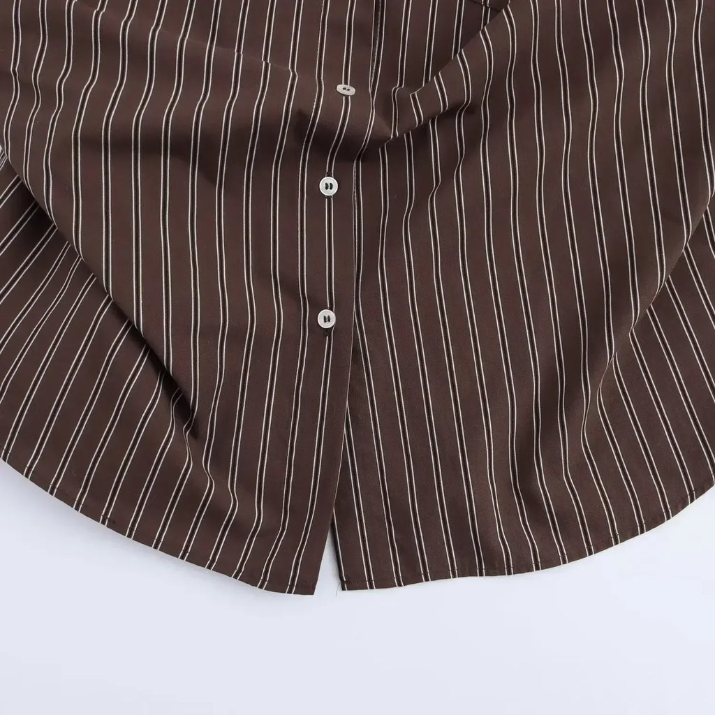 Women's new fashion pleated decoration loose single breasted casual striped shirt retro bat long sleeved women's shirt chic top