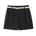Women's New Chic Fashion Belt Decoration Casual Versatile Pleated Shorts Retro High Waist Side Pocket Women's Shorts