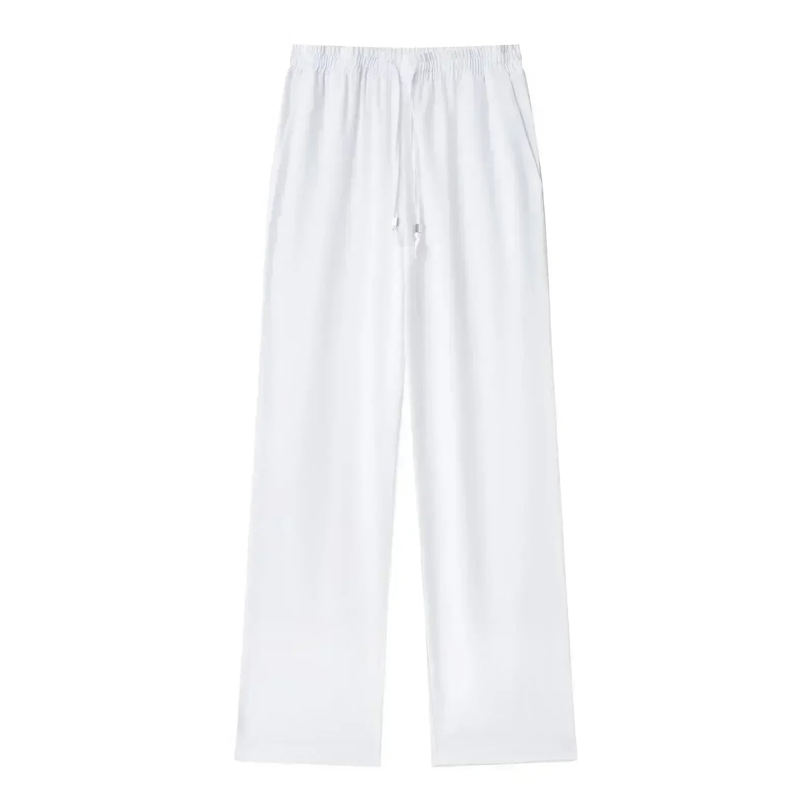 Women's New Chic Fashion Loose Side Pocket Linen Blended Wide Leg Pants Retro Elastic Waist Drawstring Women's Pants Mujer