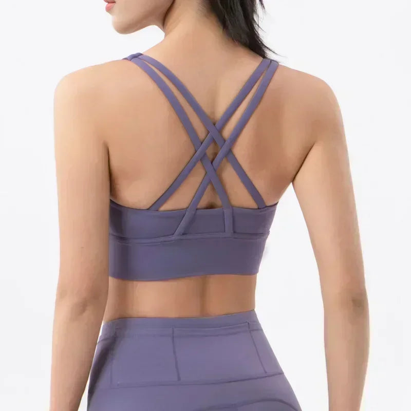 Yoga New Double-sided Sanding Cross Back Sports Bra Shockproof Gathered Yoga Bra Fitness.