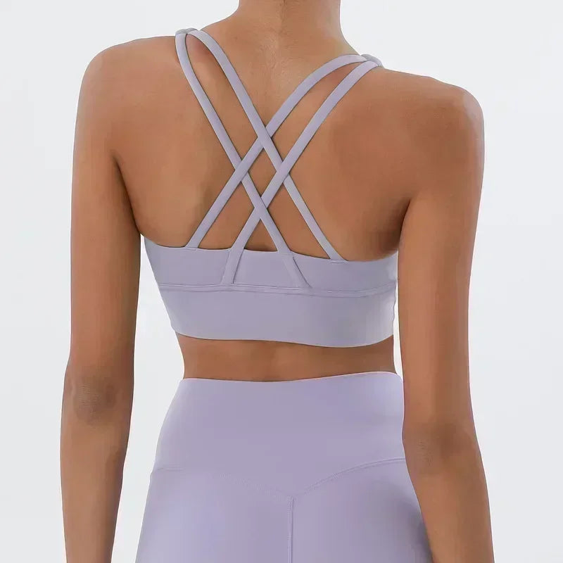 Yoga New Double-sided Sanding Cross Back Sports Bra Shockproof Gathered Yoga Bra Fitness.
