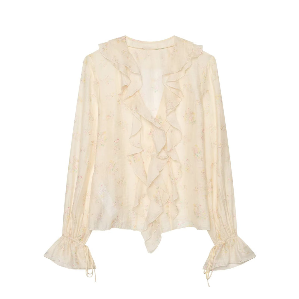 Women's printed V-neck ruffle top