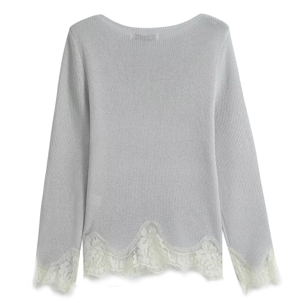 suit Women's 2 pieces lace O Neck long sleeved knitted top+Shorts