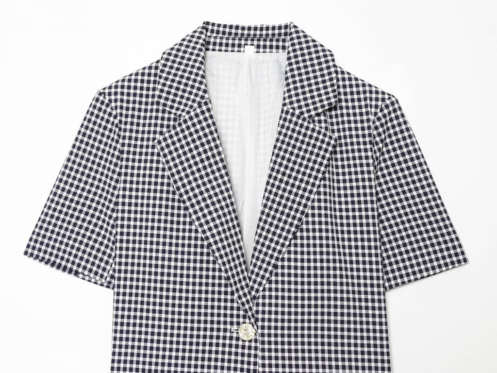suit Women's 2 pieces short V-neck plaid Blazer Coat +Pants