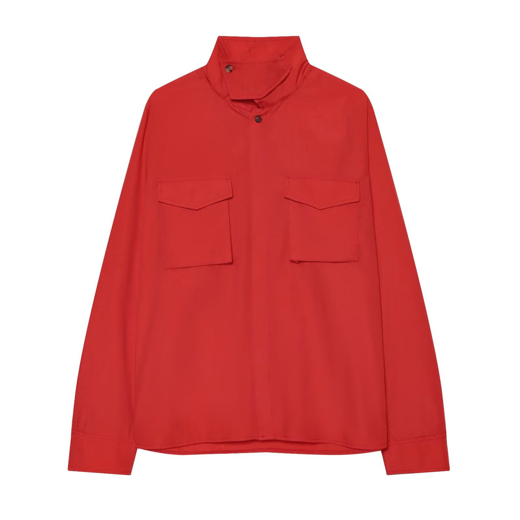 Women's pocket decoration casual stand collar shirt