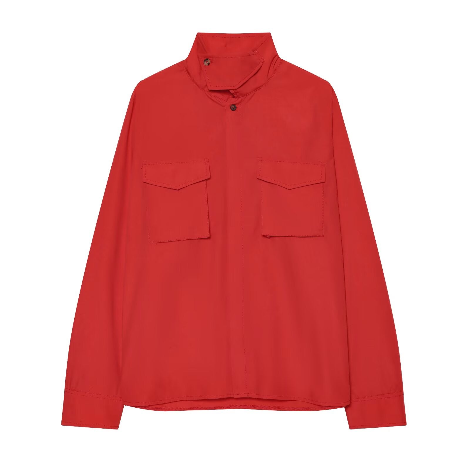 Women's pocket decoration casual stand collar shirt