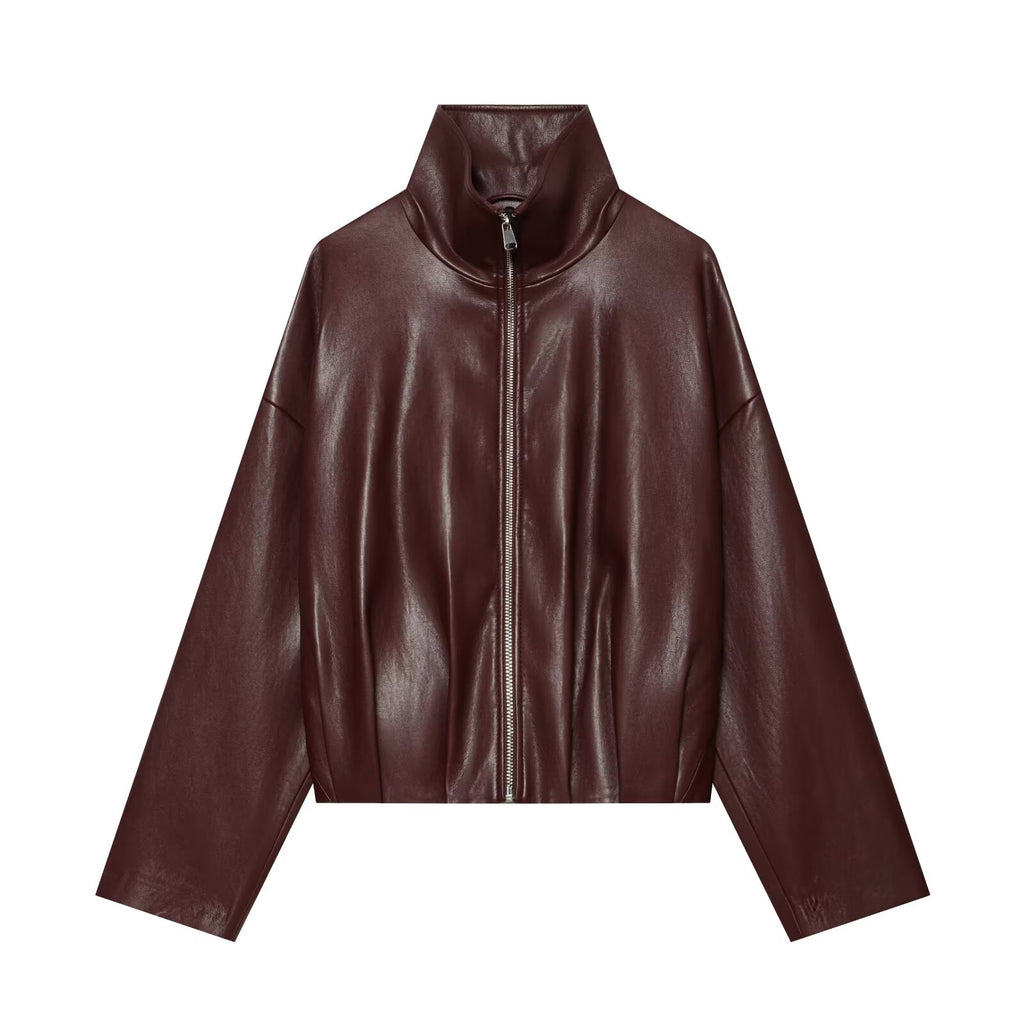 Women's casual versatile faux leather zipper Coat