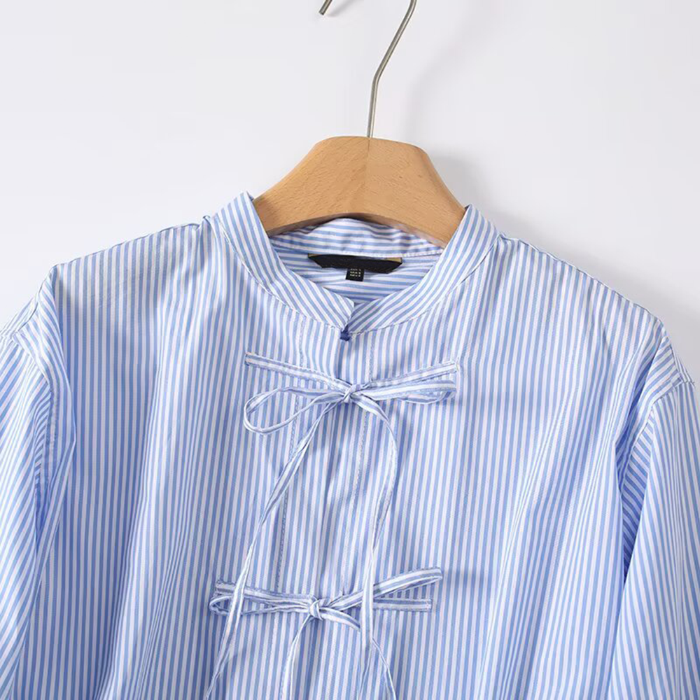 Women's loose cotton striped lace up shirt