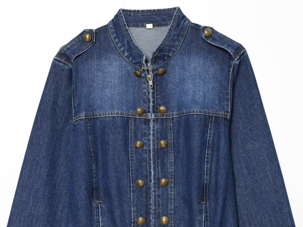 Women's long sleeved O Neck denim jacket