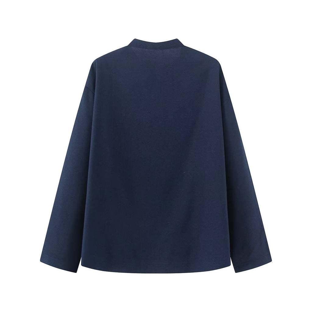 Women's rope knot buckle loose linen blended shirt