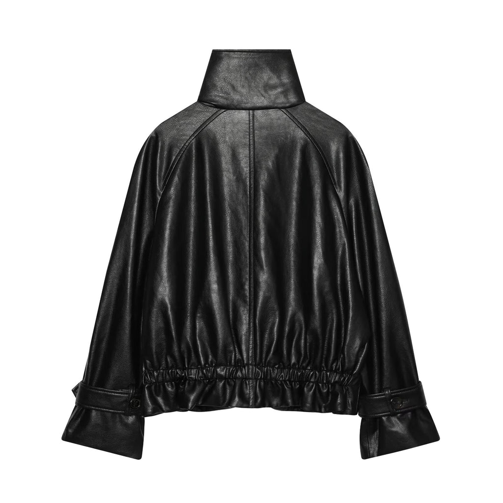 Women's black double breasted Imitation leather jacket