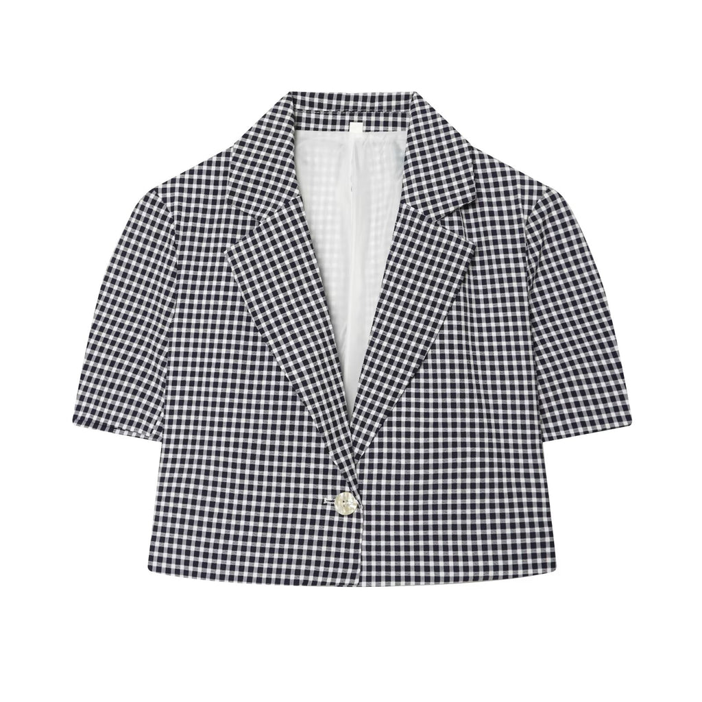 suit Women's 2 pieces short V-neck plaid Blazer Coat +Pants