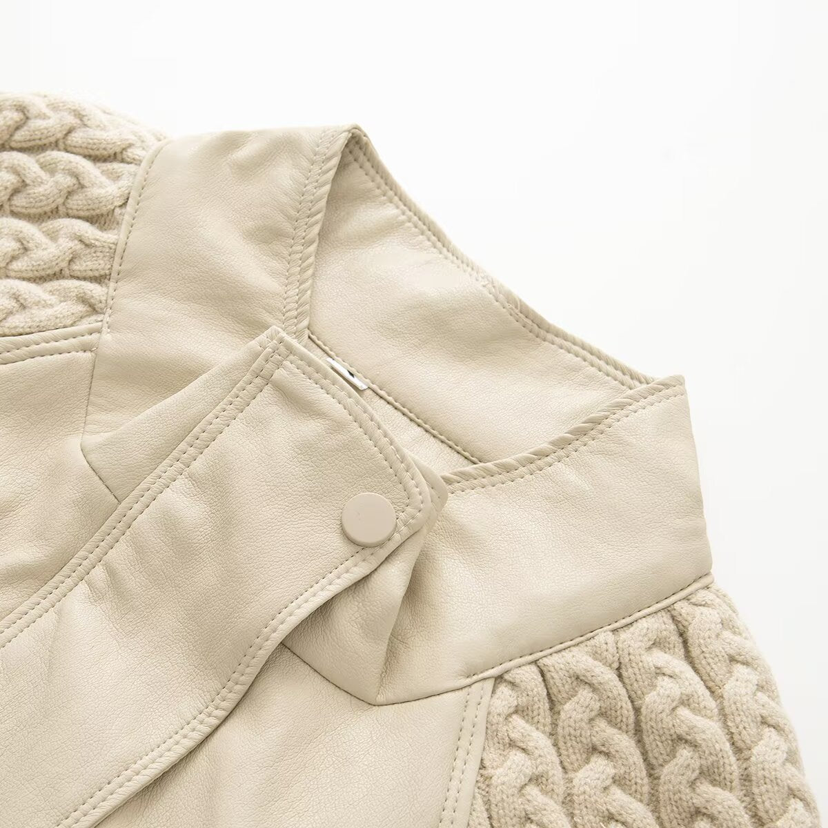 Women's casual knitted patchwork Faux Leather Coat