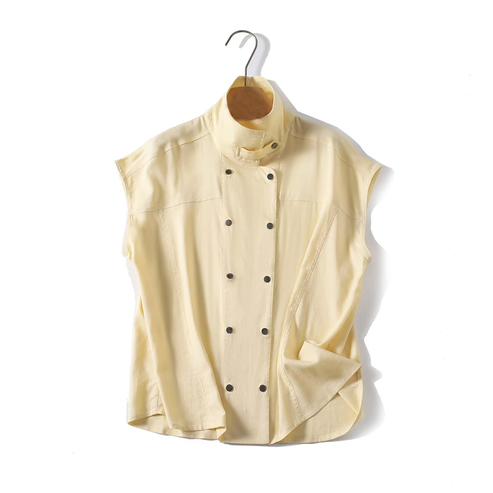 Women's casual linen blended stand collar shirt