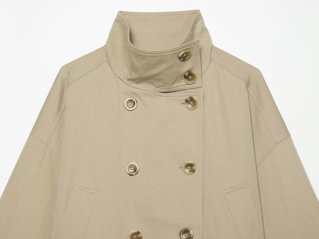 Women's retro stand collar double breasted trench coat