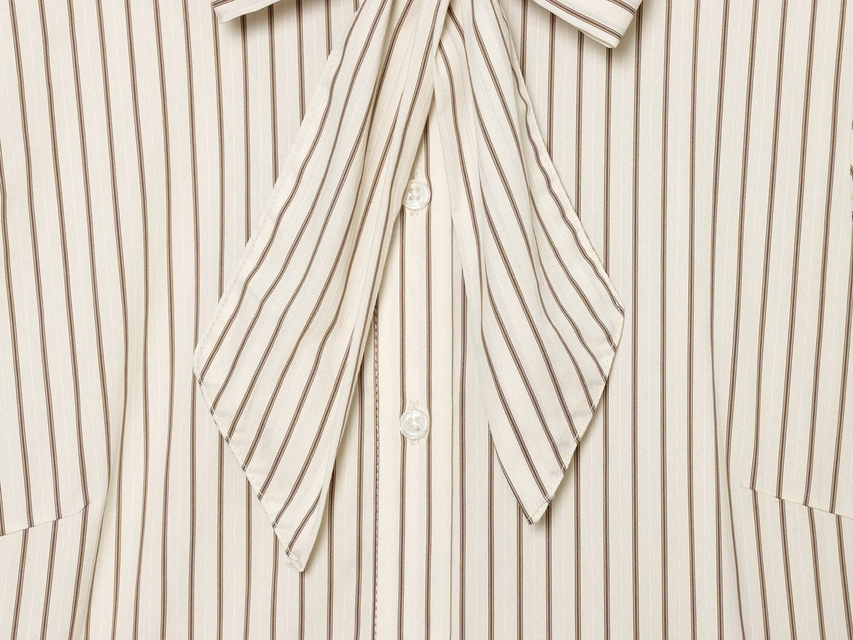 Women's bow decoration stand collar striped shirt