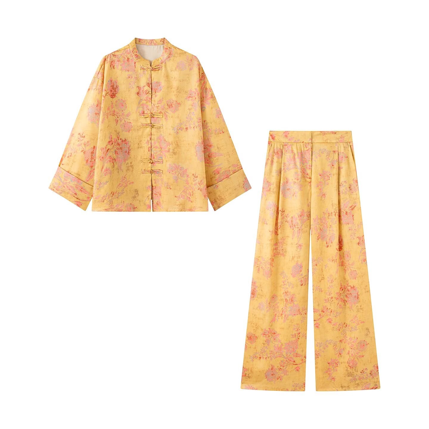 suit Women's 2 pieces new Chinese style stand collar printed top+Pants