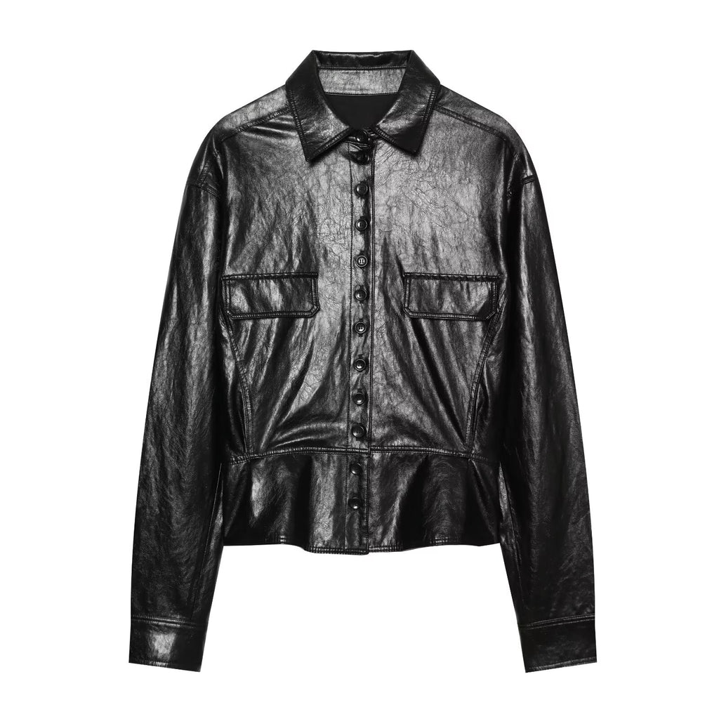 Women's short skirt style hem leather effect jacket