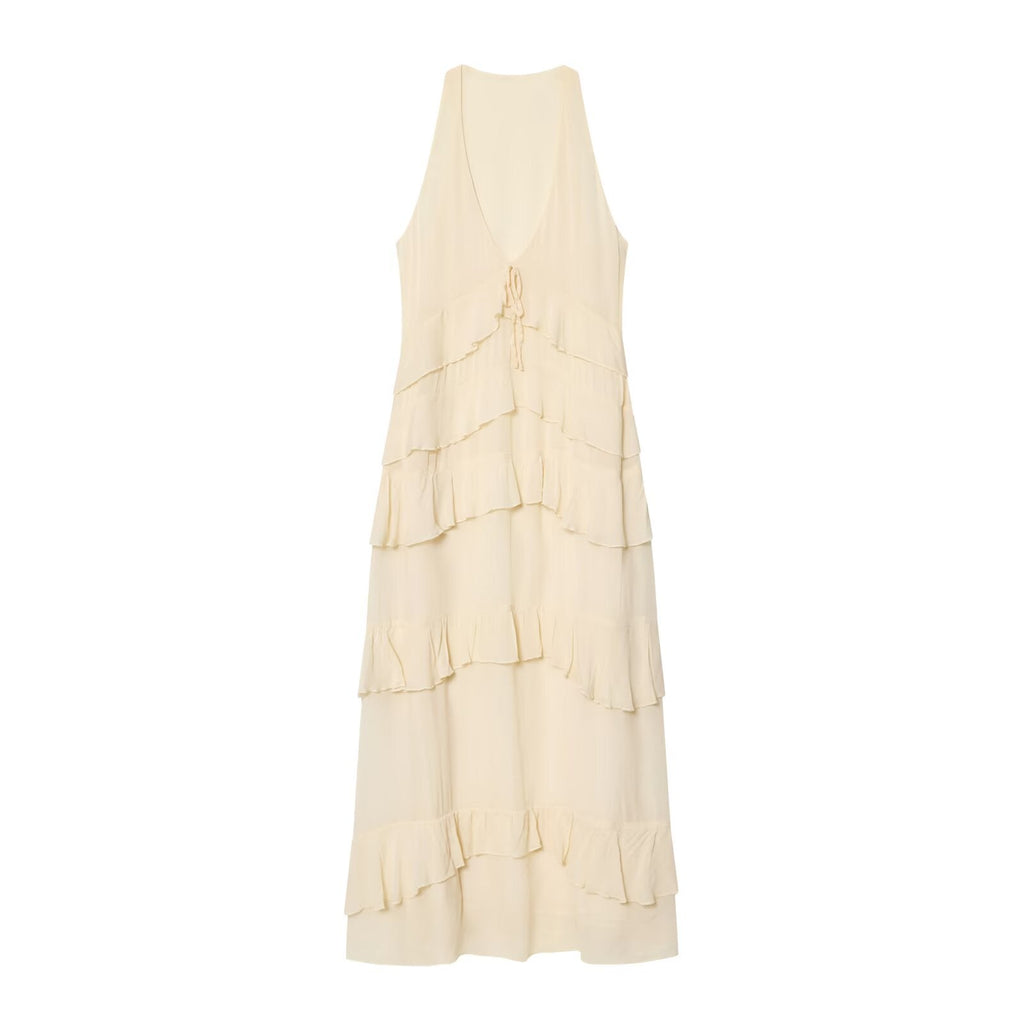 Women's layered decorative V-neck MIDI dress