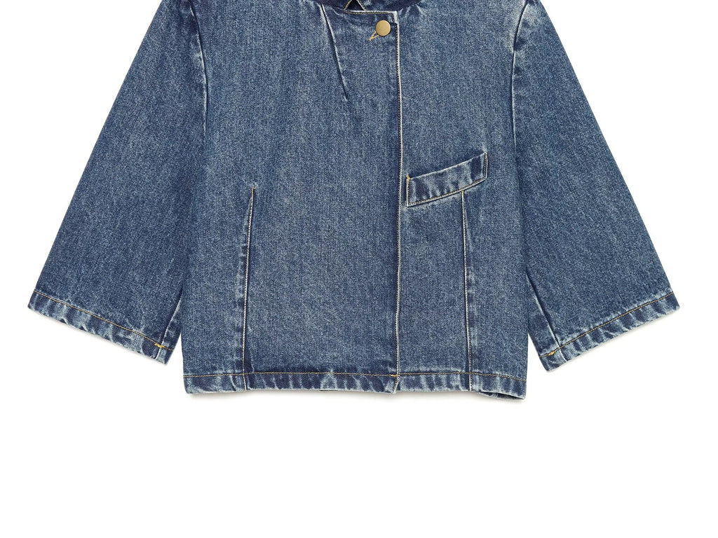 Women's short sleeved stand collar denim Blazer Coat