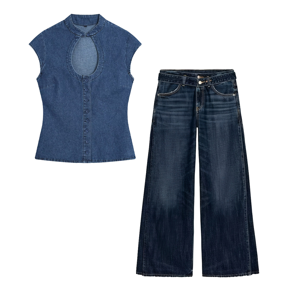 suit Women's 2 pieces denim effect breasted top+pleated jeans