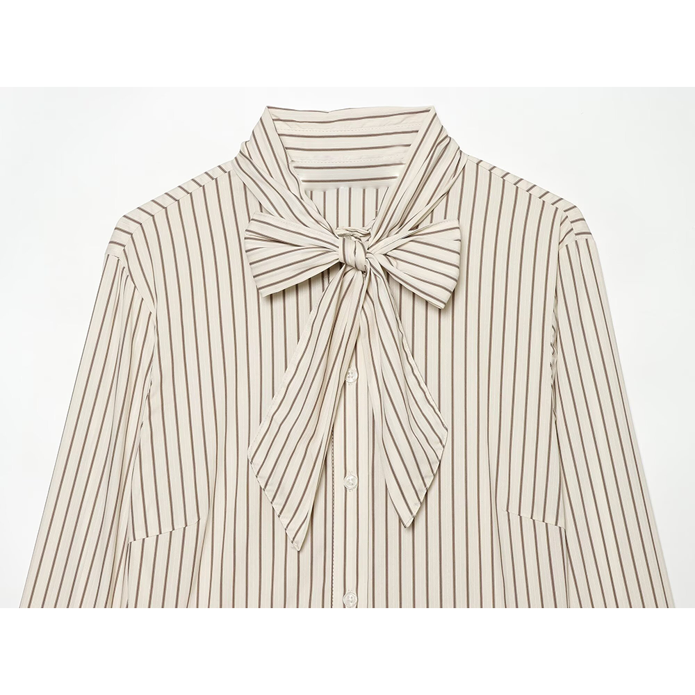 Women's bow decoration stand collar striped shirt