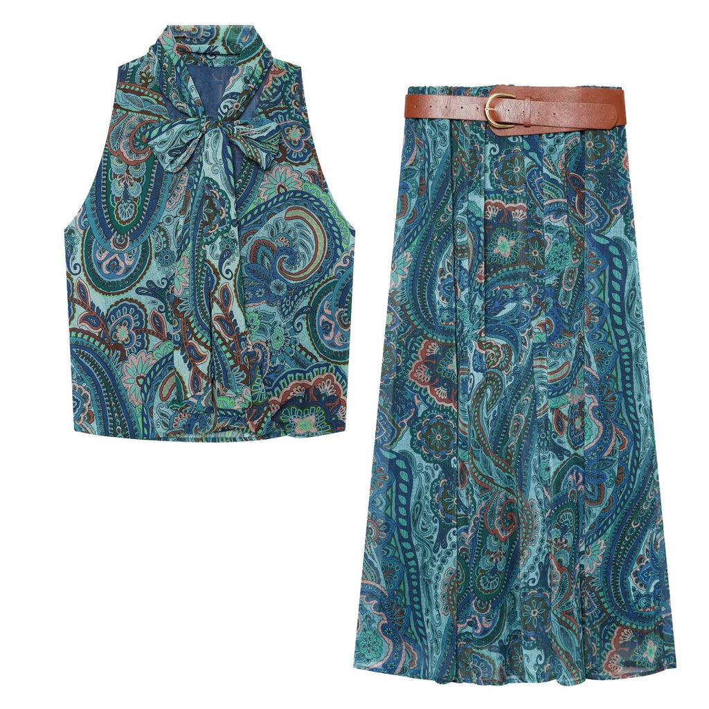 suit Women's 2 pieces bow decoration printed top+Skirts