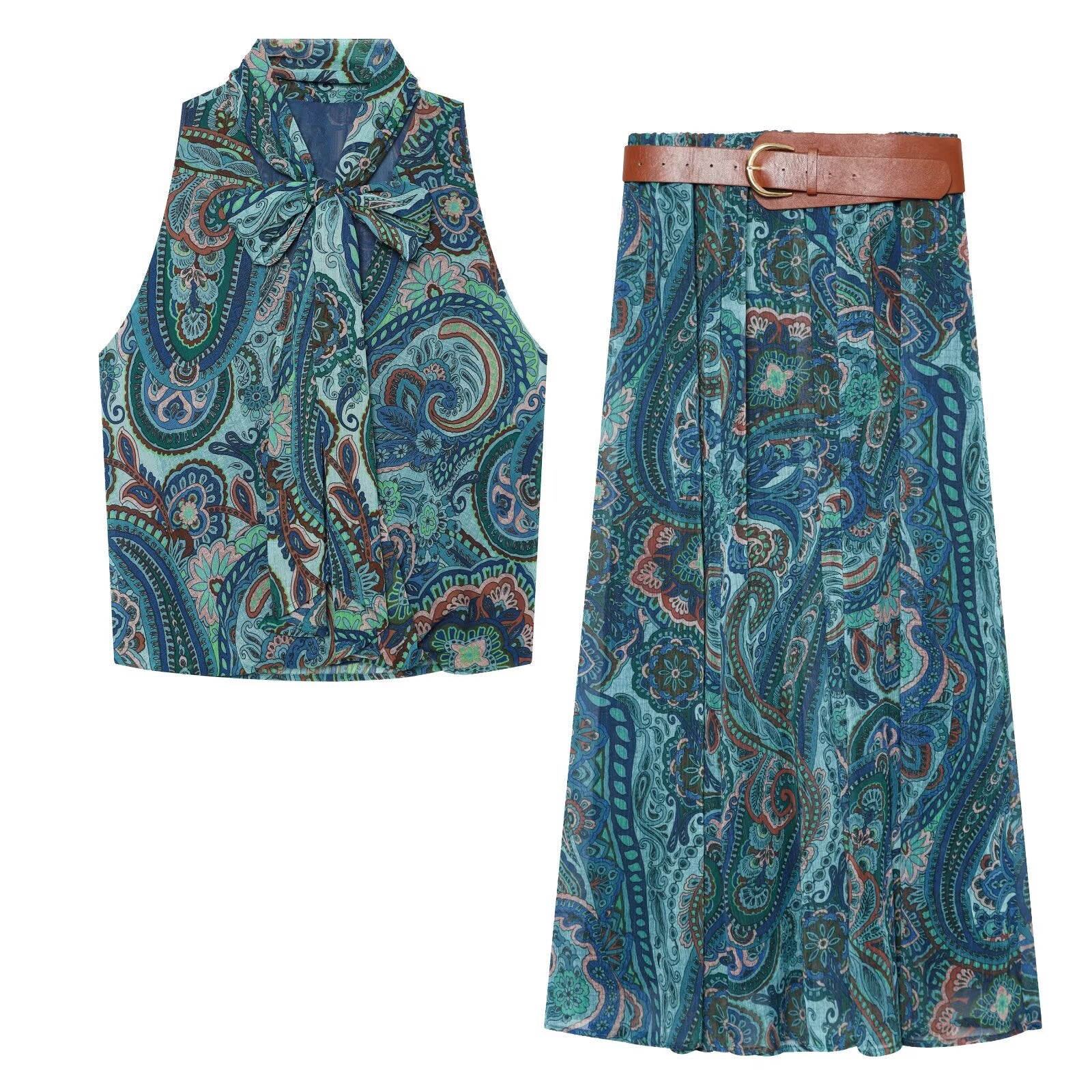 suit Women's 2 pieces bow decoration printed top+Skirts