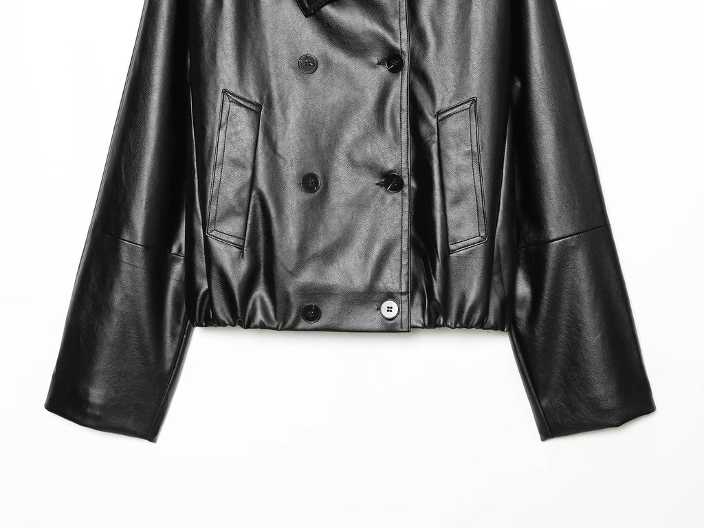 Women's retro double breasted faux leather jacket