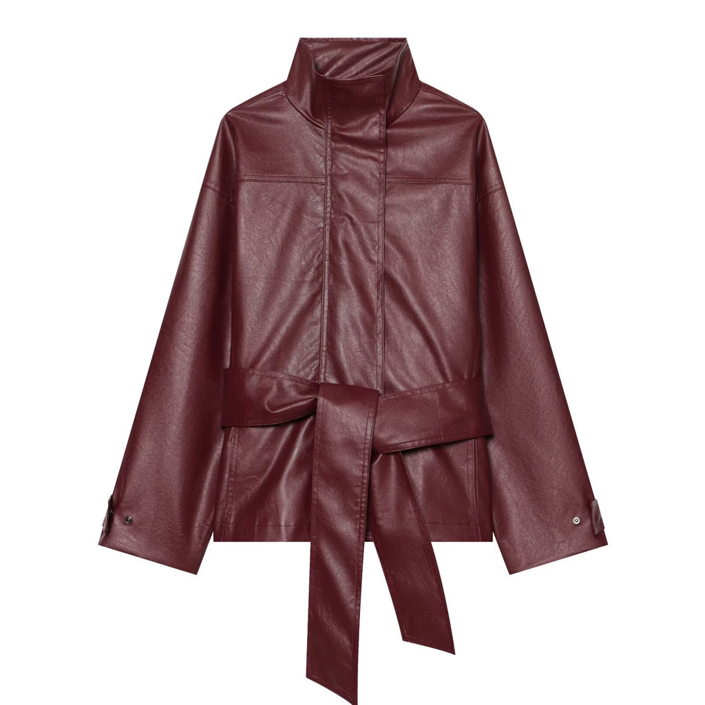 Women's with belt standing collar faux leather Coat