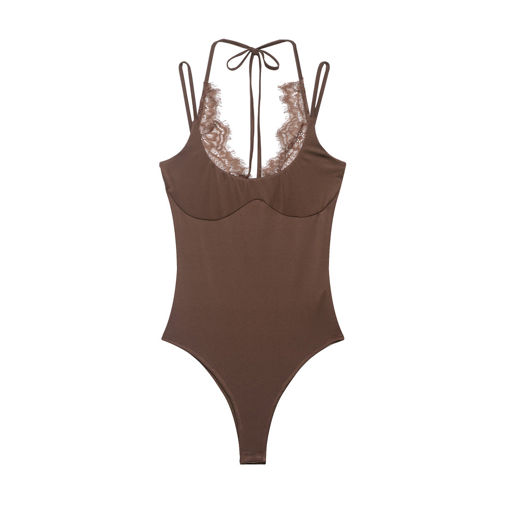 Women's lace patchwork halter neck bodysuit