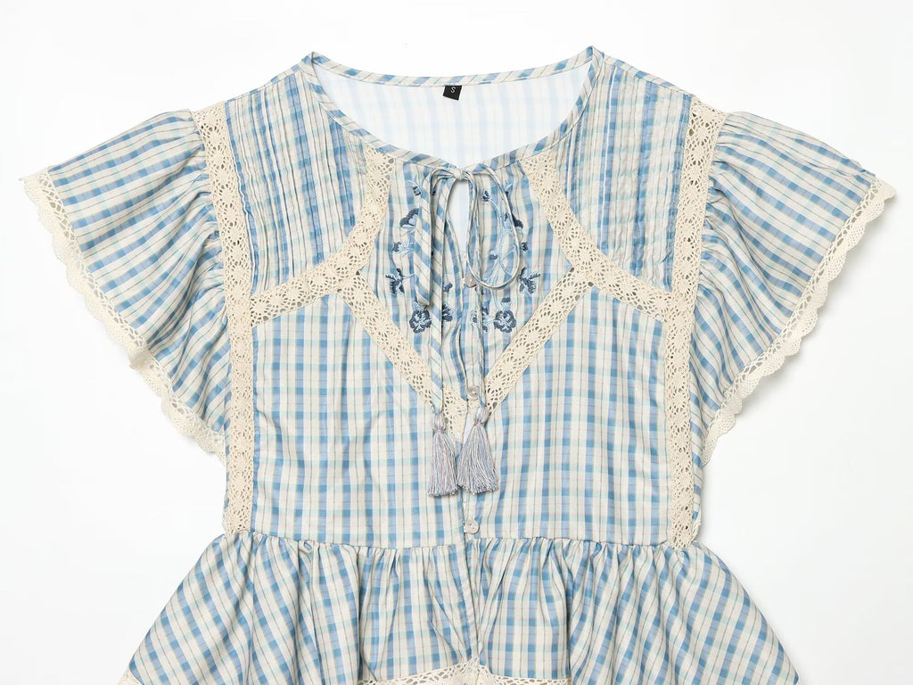 Women's embroidered Plaid short sleeved top