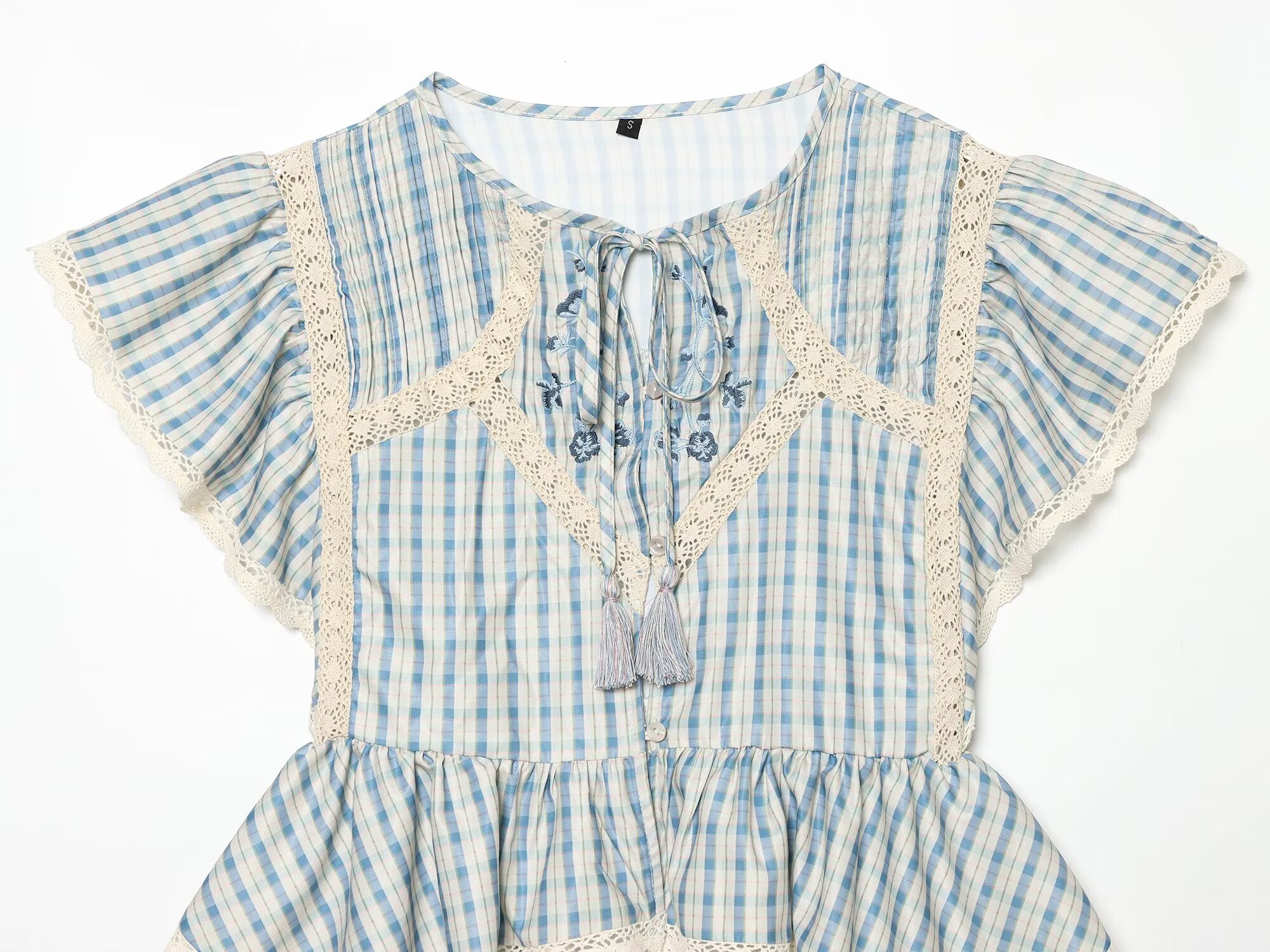 Women's embroidered Plaid short sleeved top
