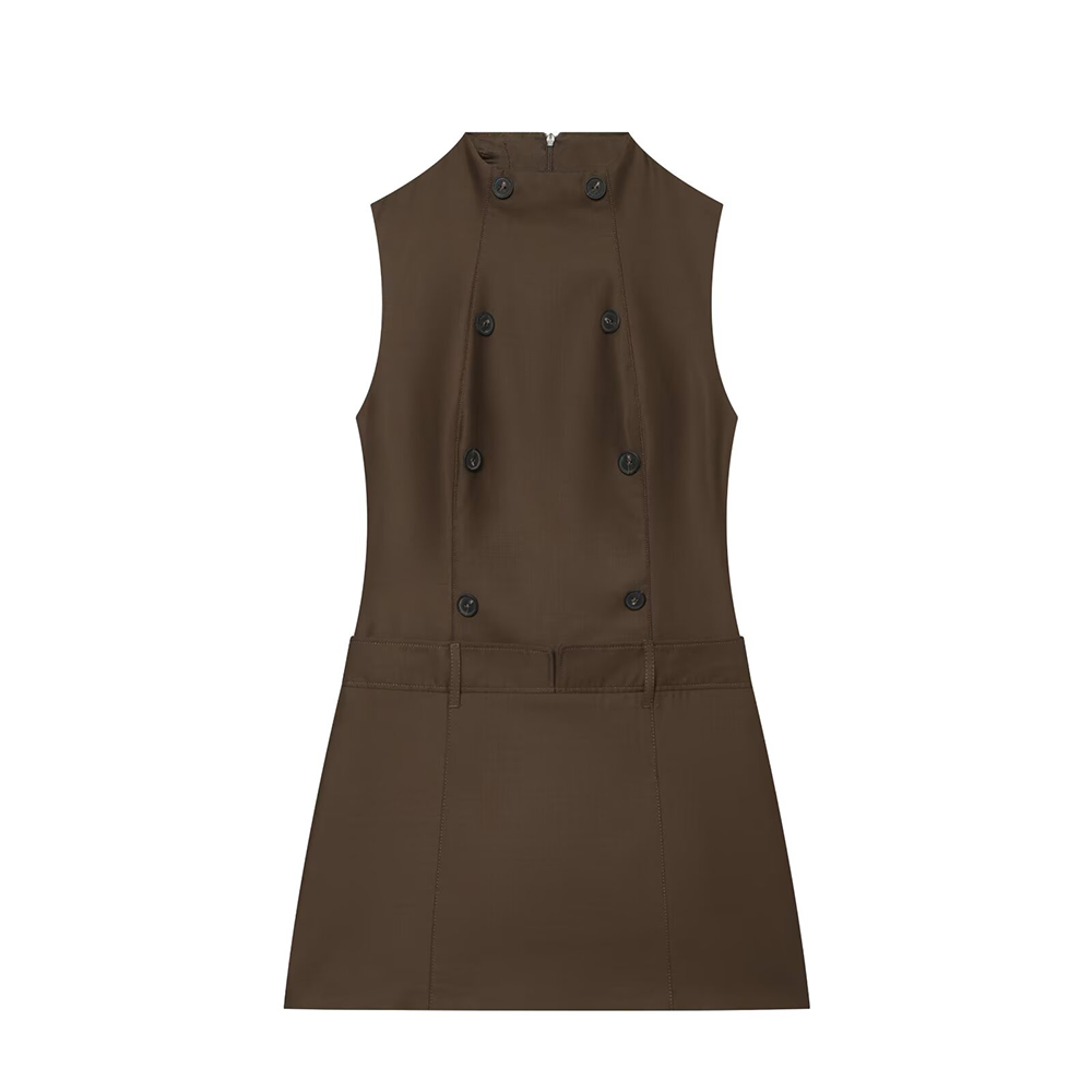 Women's button decoration slim stand collar dress